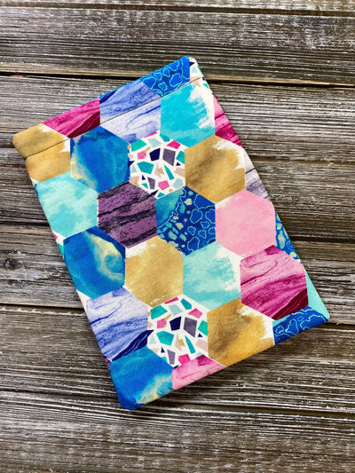 Geometric Gemstones Turquoise Hexagons Padded Book Sleeve | BookGoodies | Book Pocket | Protective Book Bag | Book Pouch | Bookish Nerd Gift
