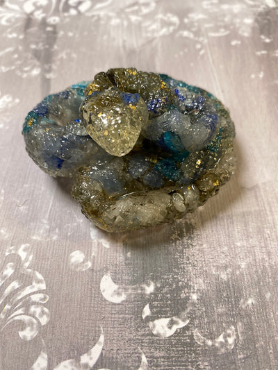 Snake Spirit Animal Labradorite, Blue Adventurine, Blue Apatite, Blue Kyanite, Blue Calcite and Clear Quartz Crystals Embeded in Resin